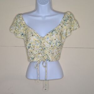 NWT American Eagle Floral Ruched Crop Top - Yellow and Green